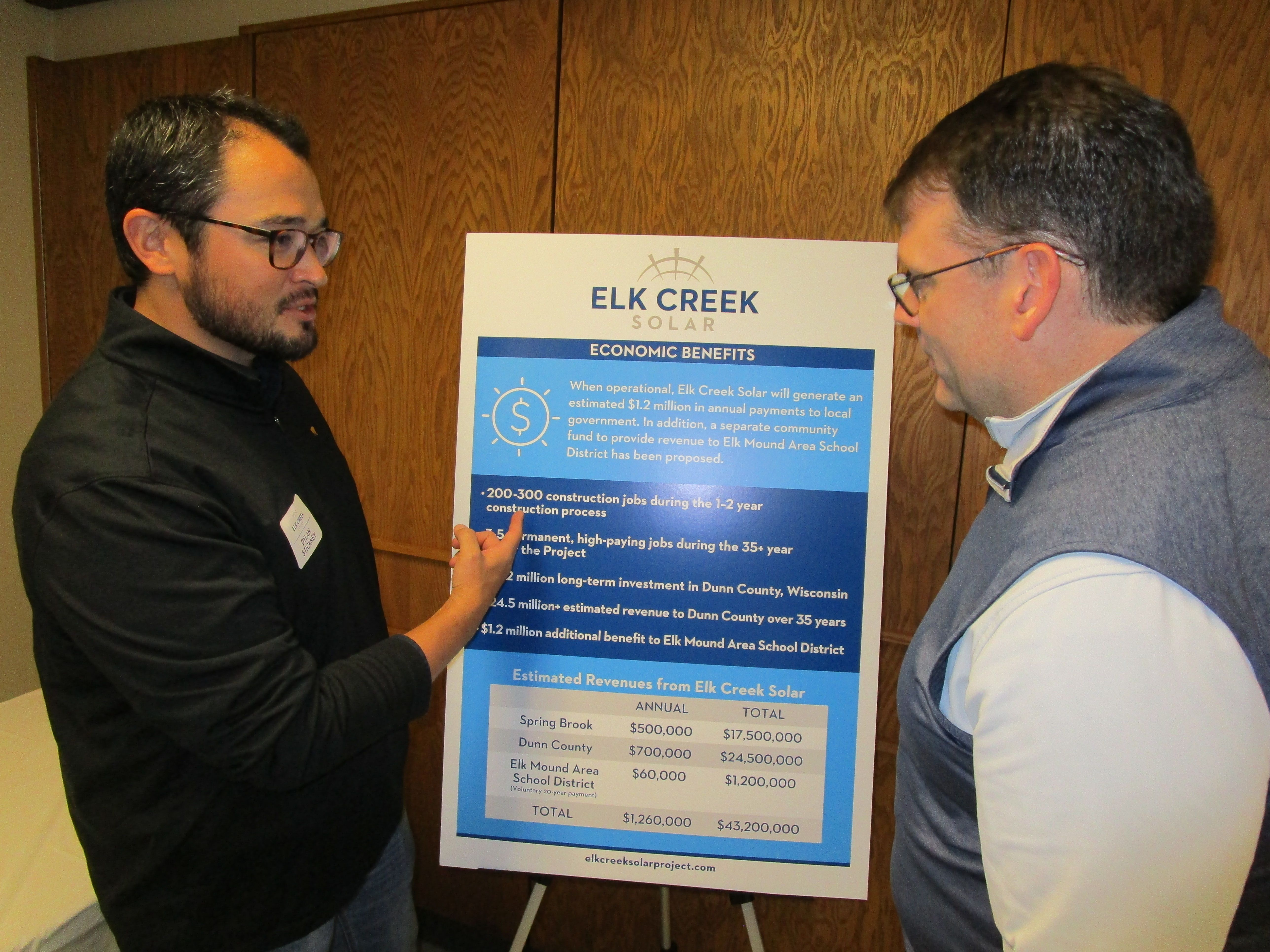 Robert Shanklin, right, president and CEO of TED Renewables and Dylan Stickney, project developer for Elk Creek Solar, were at the open house to answer questions from the community at the Spring Brook town hall.